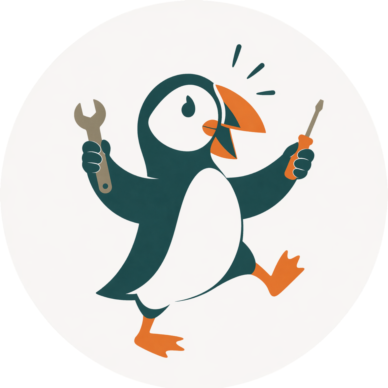 Puffin mascot holding tools, hard at work